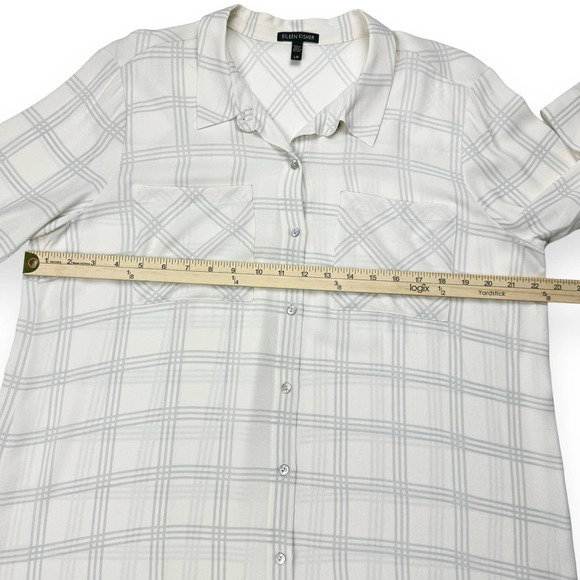 Eileen Fisher White Window Pane Button Down Tunic Top Size Large 100% Silk - Picture 13 of 14
